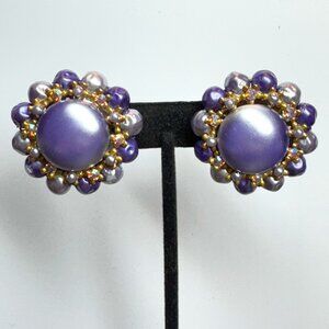 Vintage Large Clip-ons Gold Tone Earrings Lavender Purple and AB Glass Stones